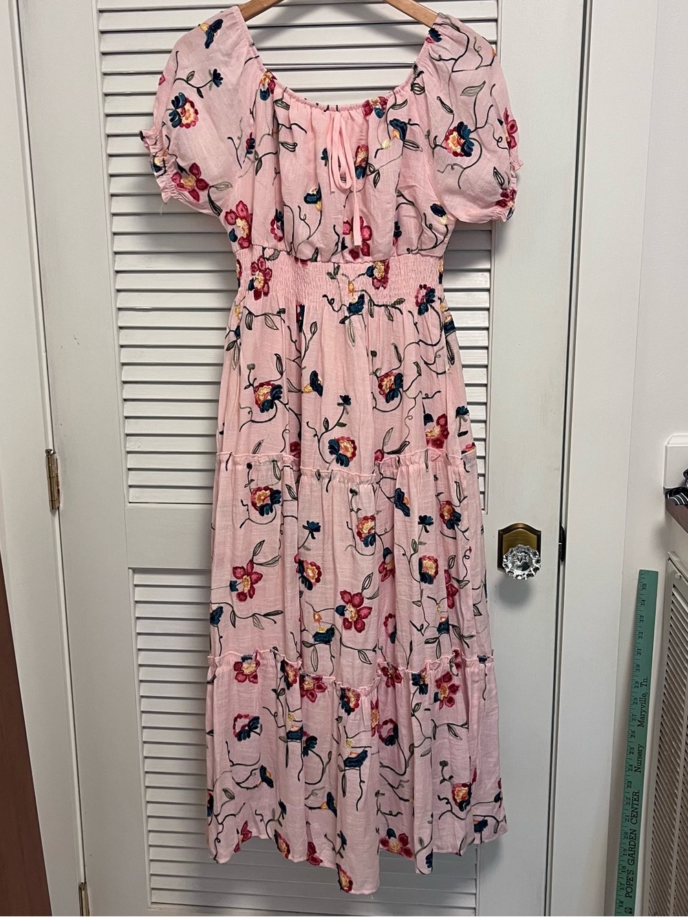 Pink Floral Tiered Maxi Dress with Puff Sleeves Embroidered Cottagecore